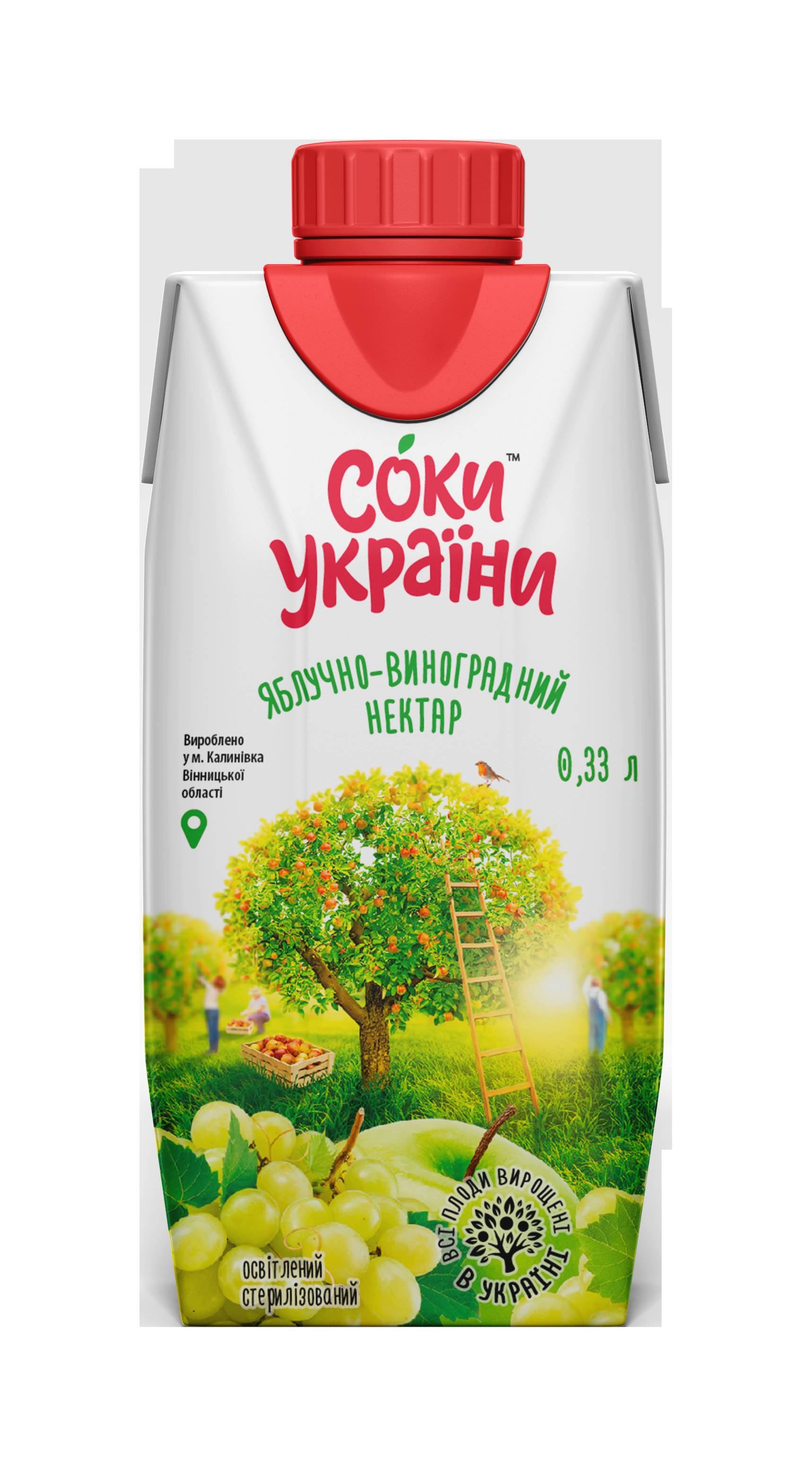 Нектар яблучно-виноградний ТМ "Соки України" 0,33л